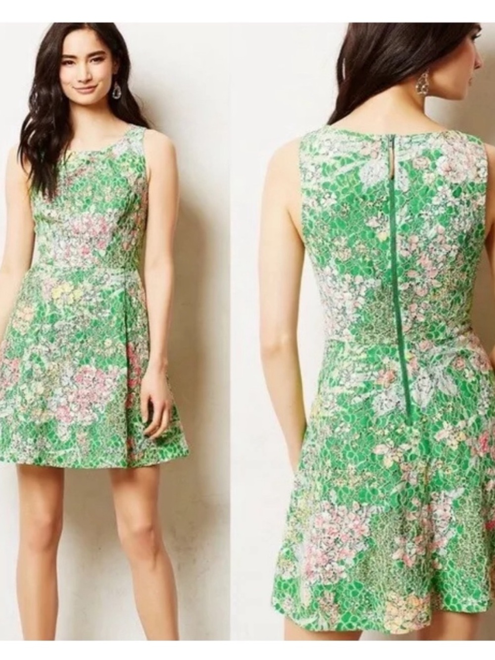 Anthropologie Maeve Verbena Green Floral Lace Fit-and-Flare Dress Size 6 Pockets